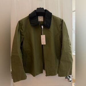 Mango Olive Jacket with Black Faux Leather Collar